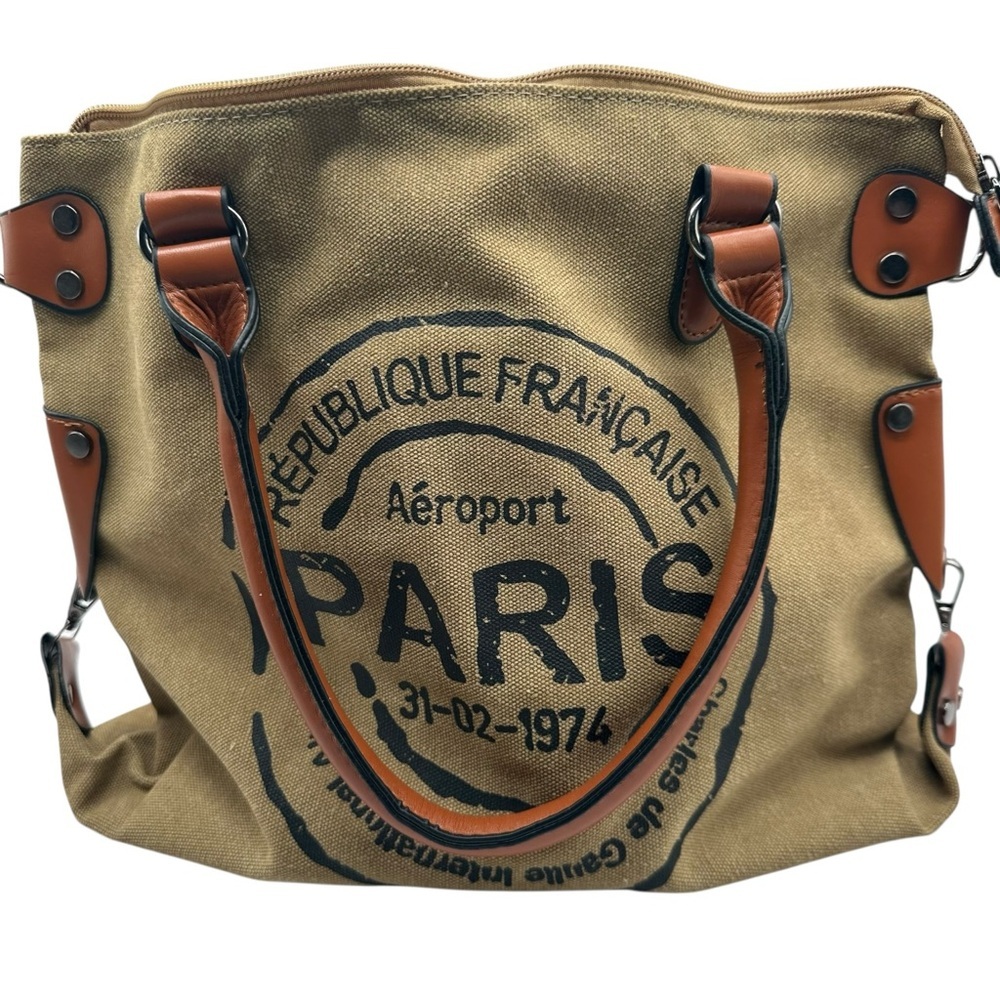 Generic Paris Canvas Tote Bag, Canvas & Faux Leather, Approx. 12 x 15 x 4 in - Picture 2 of 10